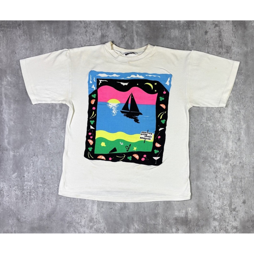 Vintage Barbados T Shirt Sailing Cruise Beach Art White Mens Small 80s 90s
